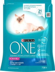 Сухой корм, Purina One (Пурина Ван) 750 г для кошек старше 11 лет курица и цельные злаки